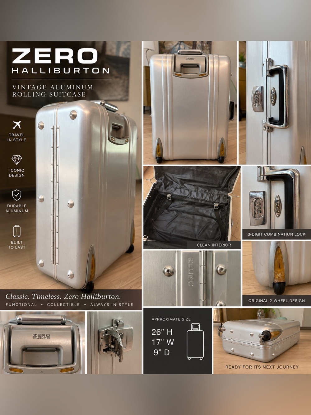 Vintage Zero Halliburton Aluminum 2-Wheel Rolling Suitcase – 26”